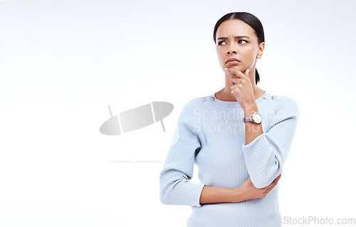 Image of Thinking, confused and face of woman with mockup for advertising, product placement and copy space in studio. Emoji, doubt and isolated girl with decision, choice and thoughtful on white background
