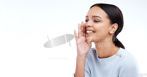 Image of Happy, woman and hands in studio for whisper, secret or gossip against isolated white background. Rumor, news and girl with hand emoji for privacy, whispering and silent, mystery and mock up sharing