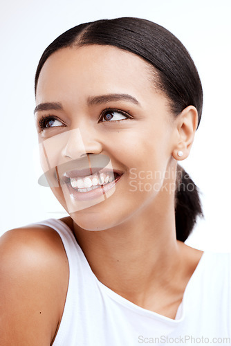 Image of Smile, beauty and face of woman on a white background for self love, confidence and happiness in studio. Skincare, salon mockup and isolated happy girl with natural makeup, cosmetics and wellness