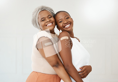 Image of Vaccine, plaster and portrait of black women after an injection as a medical cure isolated in a white background. Healthcare, wellness and happy friends in a hospital or clinic for medicine together