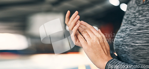 Image of Hands, gymnastics and a girl in a gym for a competition, practice or fitness training. Mockup, exercise and a gymnast ready for rehearsal, sports event and a performance in professional sport