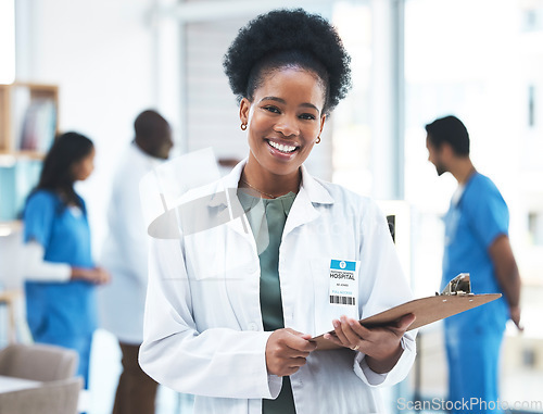 Image of Clipboard, portrait and black woman doctor with healthcare service, happy hospital management and planning. Face, smile and professional medical person with checklist for clinic career and mission