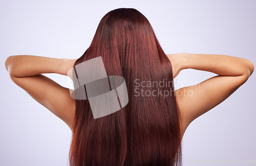 Image of Back, hair care or woman in studio for healthy natural shine, beauty or wellness on white background. Texture of glowing, hair style or girl with salon spa self care cosmetics in grooming for growth