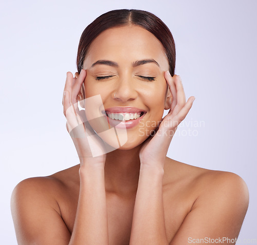 Image of Woman, natural beauty and skincare in a studio with happiness and smile from dermatology. Skin glow, facial and cosmetics of a young female model feeling happy from self care and face wellness
