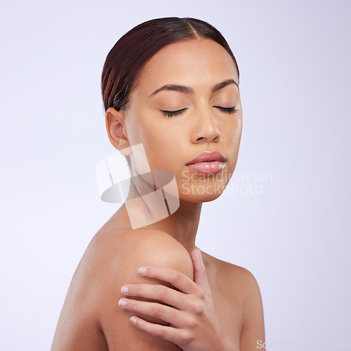 Image of Face, eyes closed or natural makeup on girl in studio isolated on white background for skincare. Facial treatment, beauty grooming or zen woman model relaxing with glow or luxury self care cosmetics