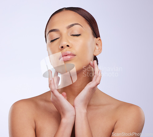 Image of Face, eyes closed or natural makeup on woman in studio isolated on white background for skincare. Facial treatment, beauty grooming or zen girl model relaxing with glow or luxury self care cosmetics