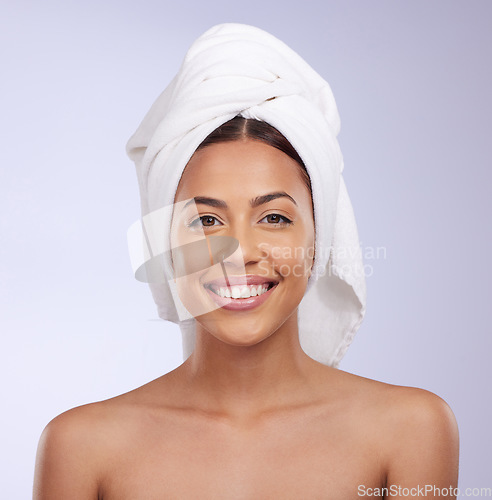 Image of Natural face portrait, towel or happy woman in studio isolated on white background for skincare beauty. Facial treatment, bathroom shower or Brazilian girl model relaxing with glow or self love