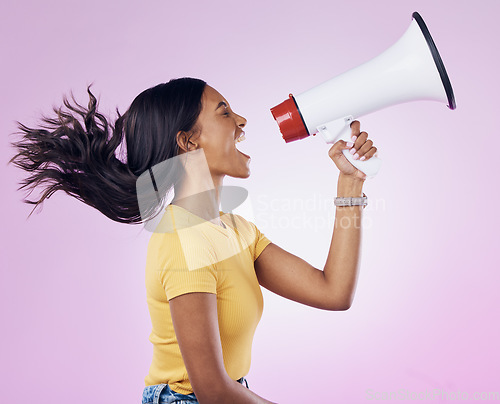 Image of Angry megaphone announcement, shout or woman protest for revolution strike, government change or justice. Human rights voice, microphone noise speech or profile of studio speaker on purple background