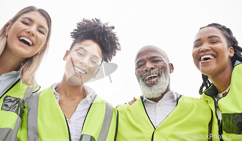 Image of Architecture, teamwork and portrait of people for engineering, construction site and planning. Collaboration, building and happy man and women contractors for inspection, maintenance and project