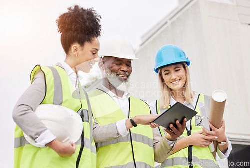 Image of Architecture, teamwork and people with tablet for engineering, city construction and planning. Collaboration, building and happy man and women on digital tech for inspection, maintenance and project