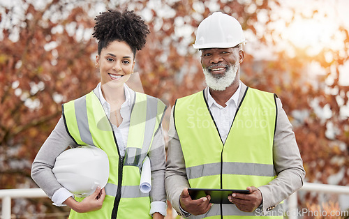 Image of Architecture, engineer and portrait of people on tablet for building, construction site and planning. Engineering, teamwork and happy man and woman contractor for maintenance, inspection and project