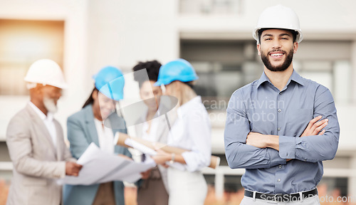 Image of Architecture, engineer and portrait of man with team for building, construction site and city planning. Engineering, leader and happy male worker for property development, inspection and maintenance