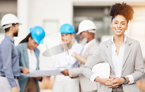 Image of Architecture, engineer and portrait of woman with team for building, construction site and planning. Engineering, leadership and happy female contractor for property development and maintenance