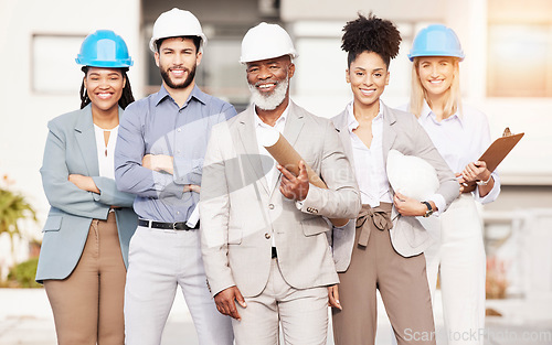 Image of Architecture team, engineer and portrait of people for building, construction site and planning. Civil engineering, property development and men and women for inspection, maintenance and project