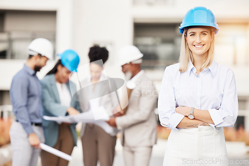 Image of Architecture, engineer and portrait of woman with smile for building, construction site and planning with team. Engineering, leader and female contractor for maintenance, inspection and development