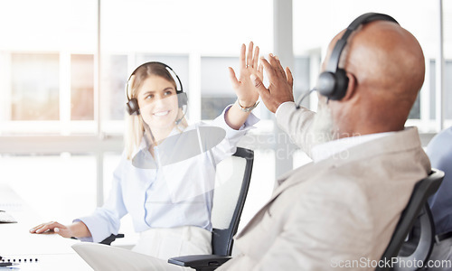 Image of Business people, call center and high five for happy success, partnership or winning in teamwork at office. Group of employee consultants or agents touching hands in celebration for win at workplace