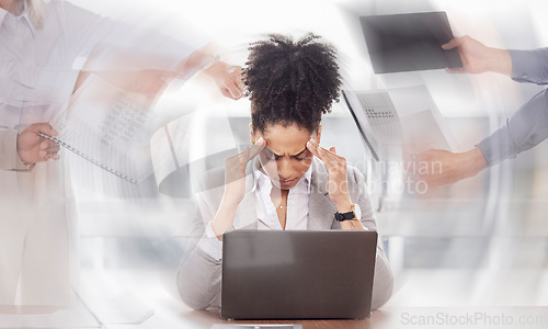 Image of Fast, business woman and stress with burnout, busy and multitasking with headache or pain. Female employee, leader or worker with a migraine, depression and mental health with a project or overworked