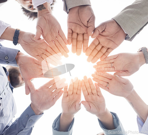 Image of Business people, hands together and circle in teamwork, motivation or unity for collaboration below. Hand of group or community in trust, coordination or team building for solidarity or partnership