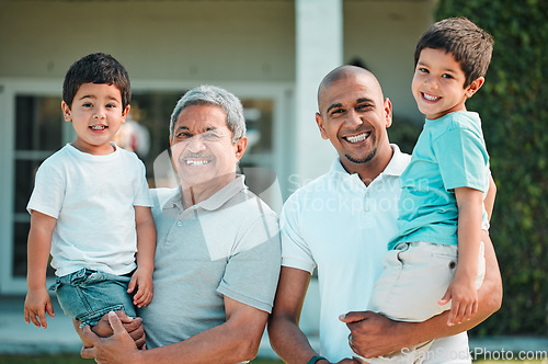 Image of Dad, grandpa and children outdoor for portrait in backyard of house with a smile, love and care. Man, senior and boy kids family together for security and quality time with happiness and support