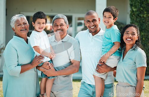 Image of Parents, grandparents and children outdoor for family portrait in backyard with a smile, love and care. Men, women and boy kids smile together for security and quality time with happiness at house