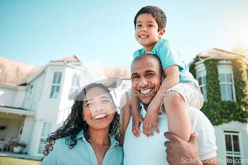 Image of Happy mother, father and child outdoor as family in backyard with a smile, love and care. Man, woman and boy kid with parents for holiday fun, security and quality time with happiness at house