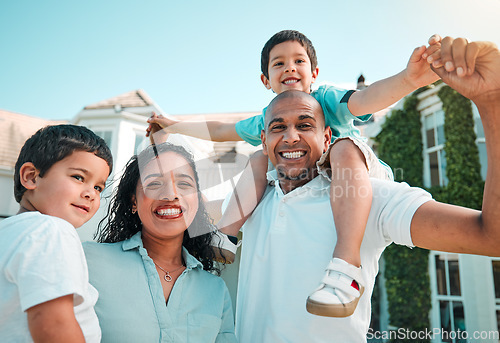 Image of Mother, father and children portrait outdoor as family in backyard of house with a smile, love and care. Man, woman and boy kids with parents and having fun playing or quality time with happiness