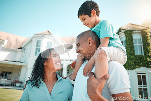 Image of Mother, father and child happy outdoor as family in backyard of house with a smile, love and care. Man, woman and boy kid with parents for fun, playing and quality time together for happiness