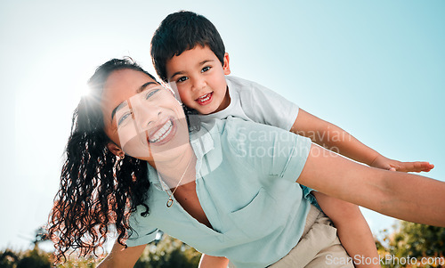 Image of Mother, child or happy family portrait outdoor playing airplane game for fun in backyard. Woman and boy kid play for happiness, freedom and adventure on a travel holiday with love and a smile outdoor