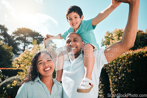 Image of Mother, father and child portrait outdoor as family at nature park with a smile, love and care. Man, woman and boy kid with parents together for security, playing and quality time with happiness