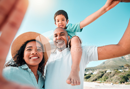 Image of Happy family, smile and selfie at beach for summer with child, mother and father for fun. Man, woman and boy kid portrait for happiness and freedom on a holiday with love, care and support outdoor