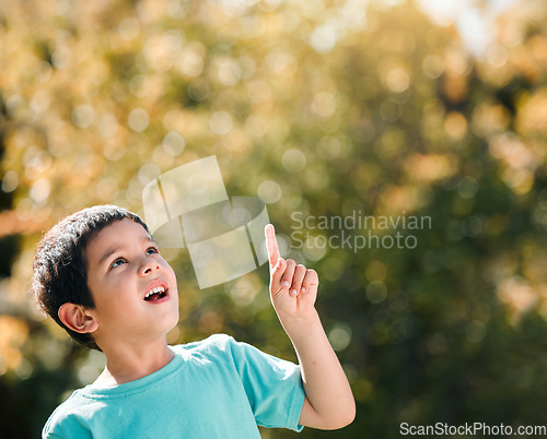 Image of Boy child, pointing and outdoor with space for mockup in nature, garden or backyard with wow, thinking or freedom. Kid, point and hand gesture to sky by trees in park, woods or playground for mock up