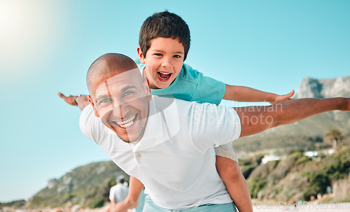 Image of Dad, child or happy family portrait outdoor playing airplane game for fun at beach. Man and boy kid play for happiness, freedom and adventure on travel holiday or vacation in nature with love outdoor