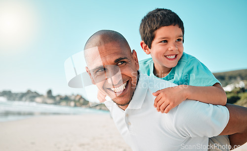 Image of Dad, child and family outdoor at beach playing game for fun or happy and thinking. Man and boy kid play for happiness, freedom or adventure on travel holiday or vacation in nature with love outdoor