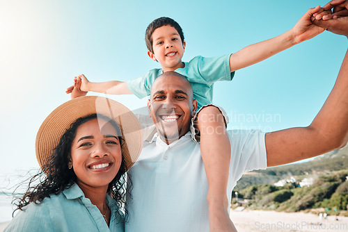 Image of Happy family, smile and portrait at beach for summer with child, mother and father for fun. Man, woman and boy kid playing for happiness and freedom on a holiday with love, care and support outdoor