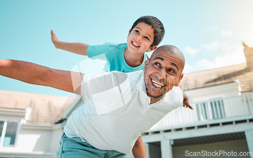 Image of Father and child playing airplane outdoor as family in backyard of house with a smile, love and care. Man and boy kid for game, security and quality time with happiness and arms outstretched on sky