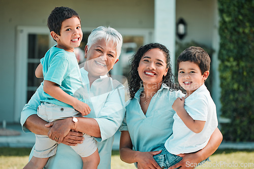 Image of Mother, grandma and children portrait outdoor as family in backyard of house with a smile, love and care. Woman, senior and boy kids together security, support and quality time with happiness