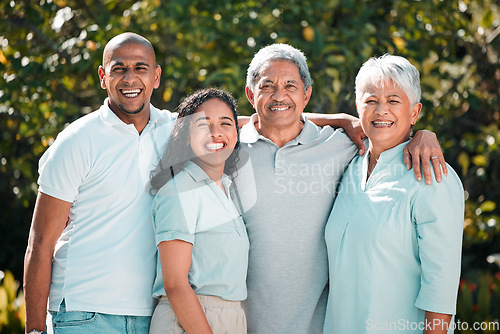 Image of Family, love or portrait with an old couple, daughter and son in law bonding outdoor in the garden together. Happy, smile or bonding with a man and woman at their senior parents for a visit in summer