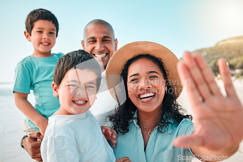 Image of Family, parents and children selfie at beach or outdoor with a smile, happiness and care together. Happy boy kids, man and woman laughing portrait on holiday, adventure or vacation to travel or relax