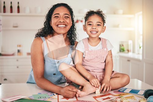 Image of Portrait, home school and mother and child in kitchen with happy, smile or excited face for homework, assignment or studying. Joy, girl and cheerful mom for remote learning or bonding in family house