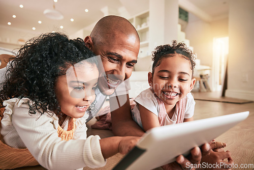 Image of Happy family father, tablet and children elearning, doing kindergarten homework or remote home school. Education, learning software and young kid studying on floor for youth development lesson