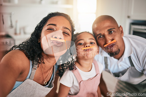 Image of Selfie, food or portrait of girl and parents in funny face, child development and bonding in kitchen. Family home, cooking fun and silly mom, dad and kid for playful vegetable picture of healthy meal