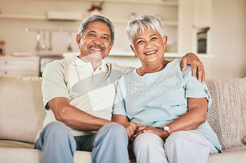 Image of Home portrait, hug and senior happy couple bonding, enjoy time together and relax on living room sofa. Retirement love, smile and elderly man, woman or people embrace for unity, marriage and care