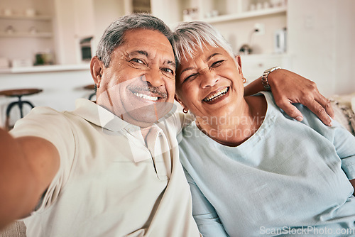 Image of Selfie, hug and portrait of happy elderly couple, bonding and enjoy retirement time together at home. Memory photo, love and senior man, woman or people embrace for happiness, marriage unity and care