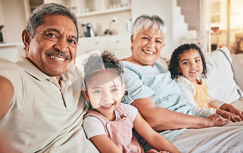 Image of Selfie portrait, happy family grandparents and children bonding, relax and spending time together in Indonesia home. Smile youth support and memory photo of senior grandmother, grandfather and kids