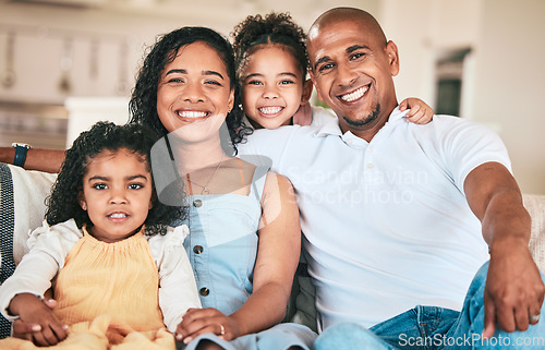 Image of Family in portrait, parents and happy kids relaxing in home with support, love or bonding together on sofa. Happiness, people or living room with relationship and spending quality time on the weekend