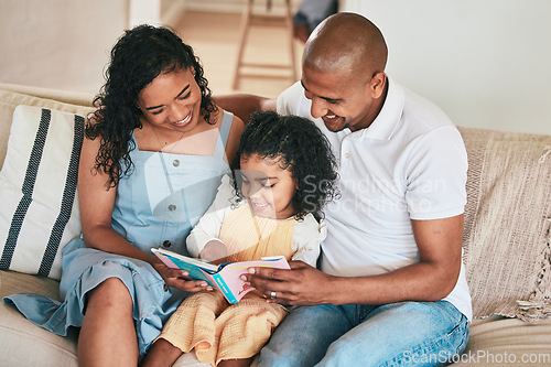 Image of Happy family, parents or child reading story book, cartoon comic books and bonding with mom, dad and relax at home. Love, studying or youth kid listening to storytelling for home education learning