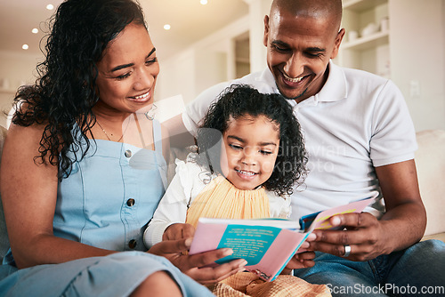 Image of Family, happy and child reading story book, cartoon comic books and bonding with mother, father or parents at home. Love, storytelling or youth kid listening to fairytale for home education learning