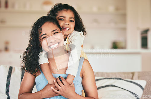 Image of Home portrait, mother and kid hugging mom, mama or parents in Mothers Day time together or vacation holiday in Colombia. Happy family smile, youth embrace or child care from woman with relax daughter