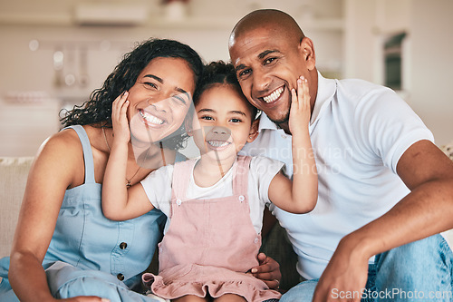 Image of Family in portrait, parents and happy child relaxing at home in support, love or bonding together on sofa. Happiness, people or living room with relationship and spending quality time at the weekend