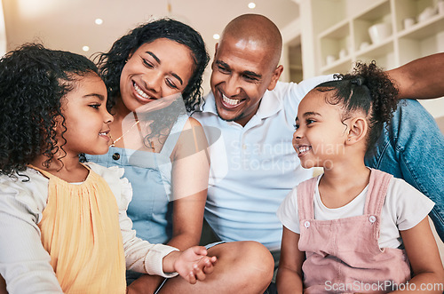 Image of Children, parents and happy family bonding, relax and enjoy fun time together with mom, dad and young sisters in Brazil home. Happiness, youth support or child care from mother, father and kids smile